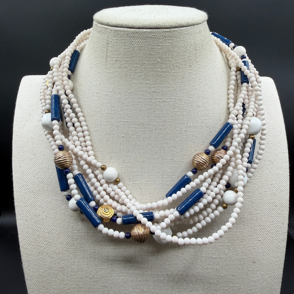 White Blue Gold Tone Multi Strand Beaded Statement Necklace Layered Chunky Boho